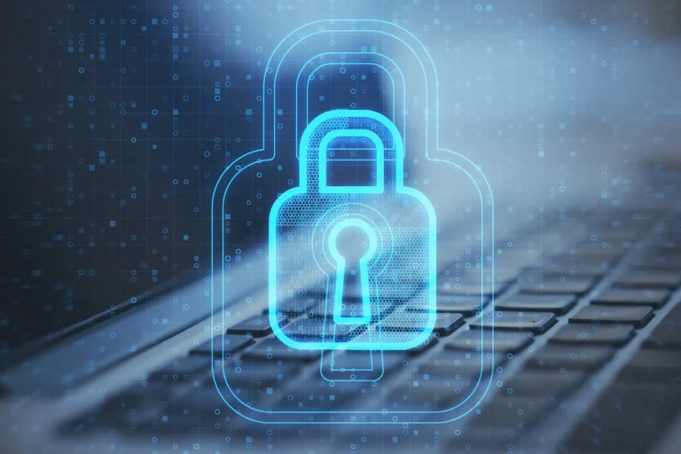 Glowing digital padlock over a laptop keyboard representing website security